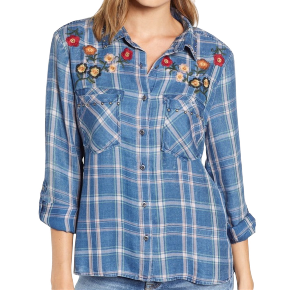 Blue Plaid Embroidered Button-Front Women's Shirt
